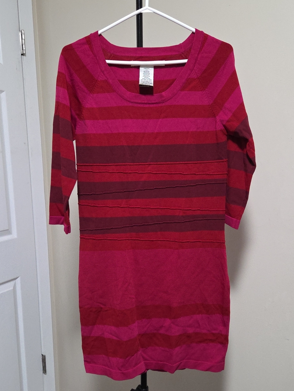 Max Studio Pink and Red Striped Knit Long-Sleeve Dress